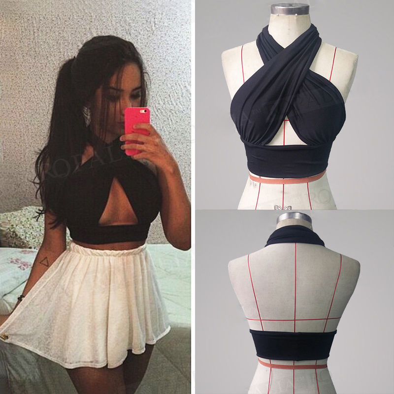 Women Strappy Cross Over Front Cut Out Halter Neck