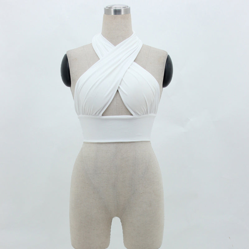 Women Strappy Cross Over Front Cut Out Halter Neck