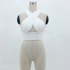 Women Strappy Cross Over Front Cut Out Halter Neck
