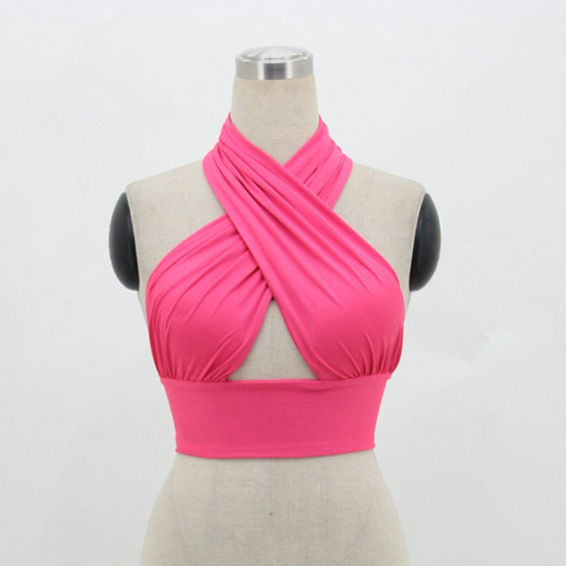 Women Strappy Cross Over Front Cut Out Halter Neck