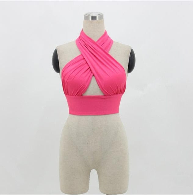 Women Strappy Cross Over Front Cut Out Halter Neck