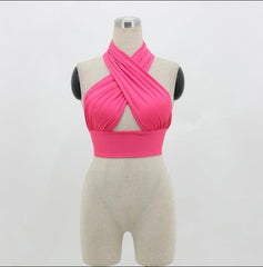 Women Strappy Cross Over Front Cut Out Halter Neck